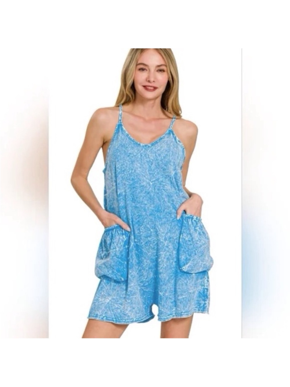 Zenana Outfitters Mineral Wash Cotton Romper with Cargo Pockets Size S